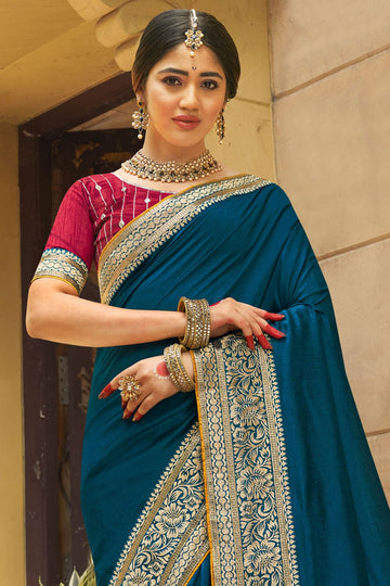 Teal Blue Zari Embroidered Silk Saree