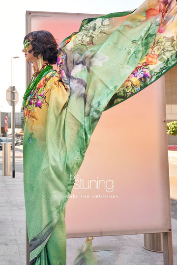 Sea Green Digital Printed Satin Saree