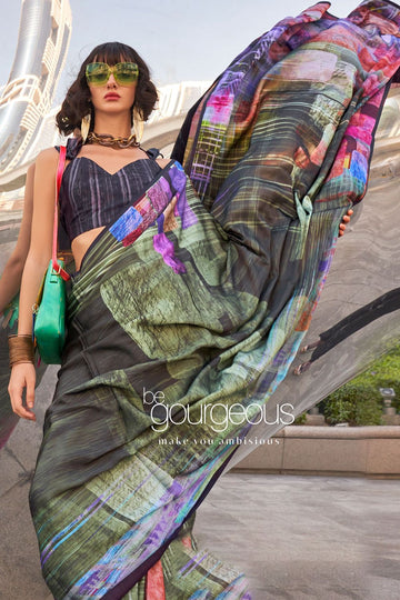 Bottle Green Digital Printed Satin Saree