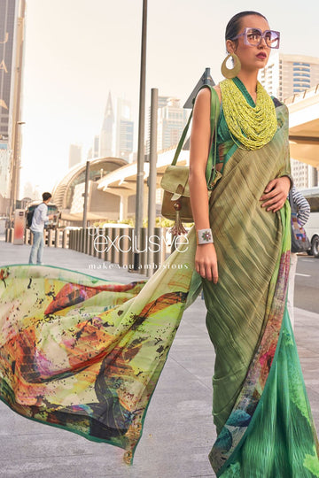 Parrot Green Digital Printed Satin Saree