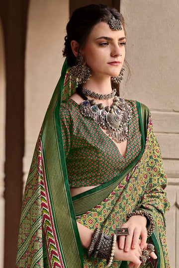 Olive Green Silk Printed Saree for Party