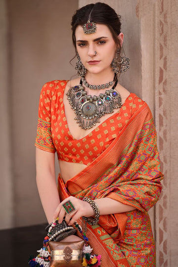 Flame Orange Silk Printed Saree for Festival