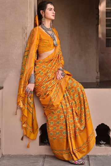 Mustard Silk Printed Saree for Festival