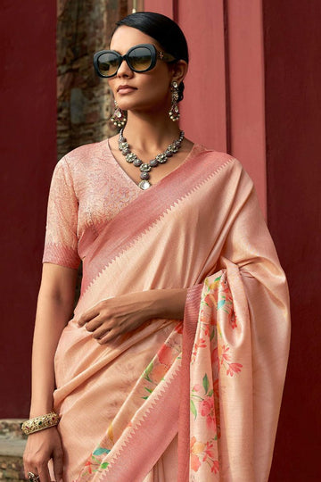 Peach Art Silk Printed Saree for Party