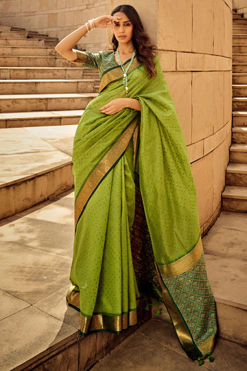 Lime Green Handloom Weaving Silk Saree for Party