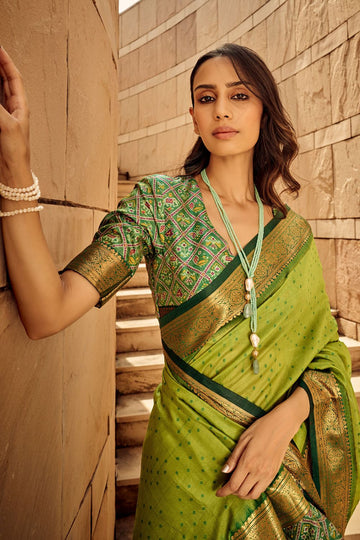 Lime Green Handloom Weaving Silk Saree for Party