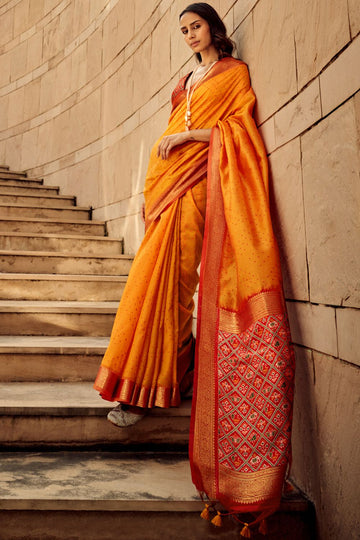 Golden Orange Handloom Weaving Silk Saree for Party