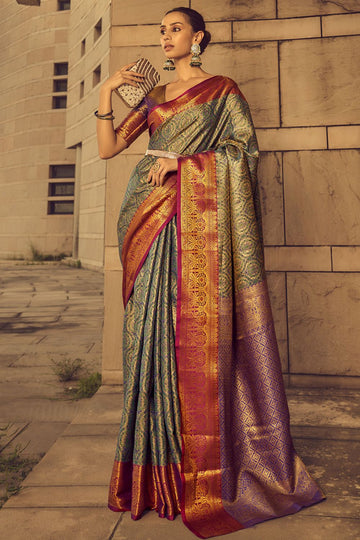 Teal Grey Banarasi Brocade Festival Wear Saree