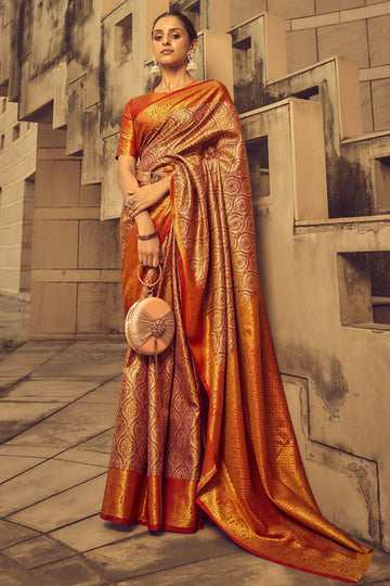 Orange Banarasi Brocade Festival Wear Saree