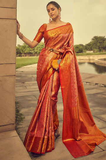 Orange Banarasi Brocade Festival Wear Saree