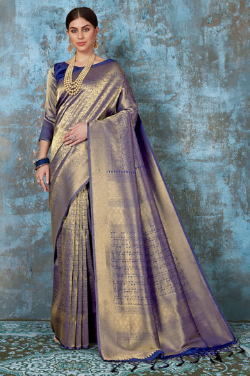 Navy Blue Silk Weaving Work Party Wear Saree