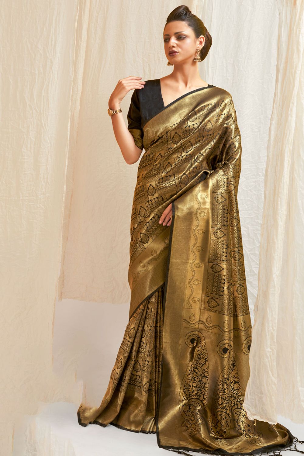 Excellent Black Silk Woven Saree for Festival