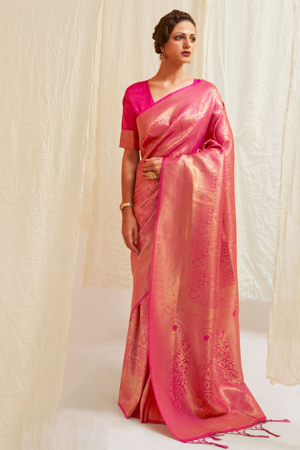 Latest Rani Pink Silk Woven Saree for Festival