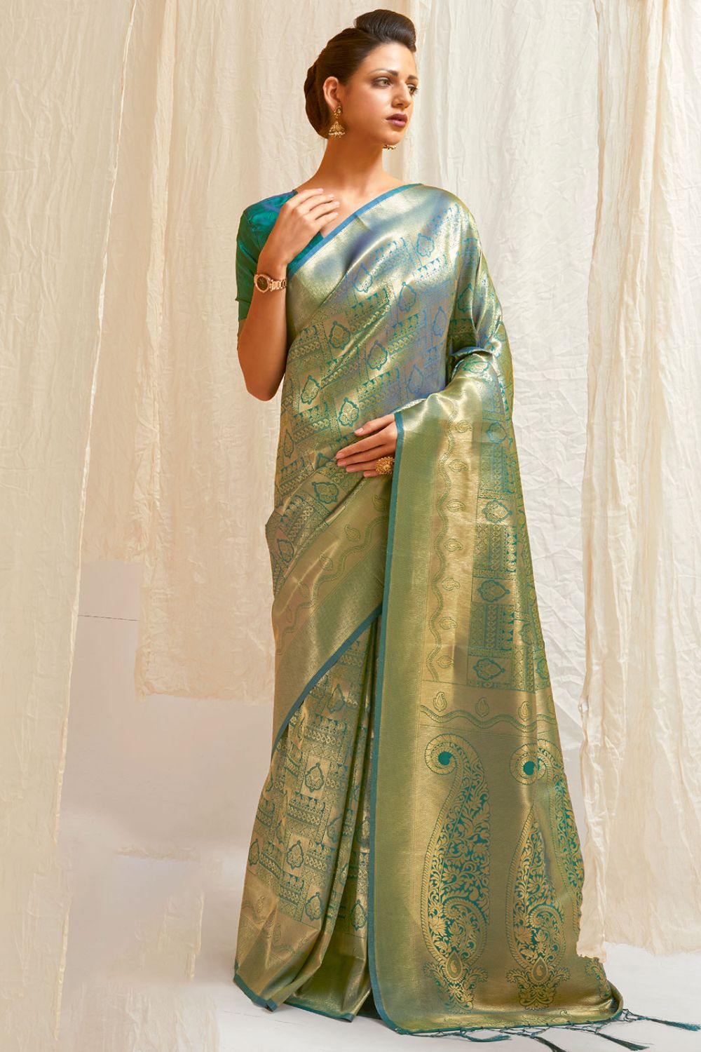 Fabulous Firozi Silk Woven Saree for Festival