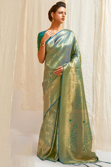 Fabulous Firozi Silk Woven Saree for Festival