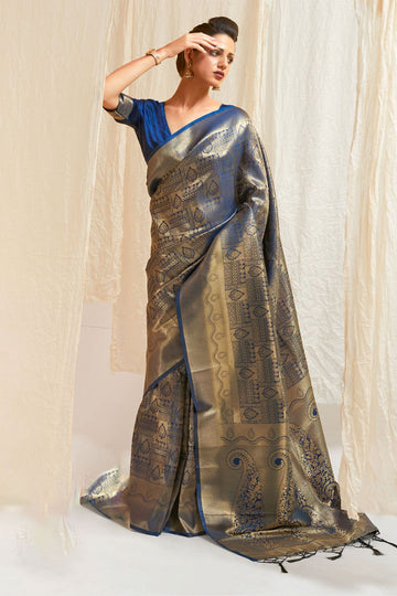 Elegant Indigo Blue Silk Woven Saree for Festival