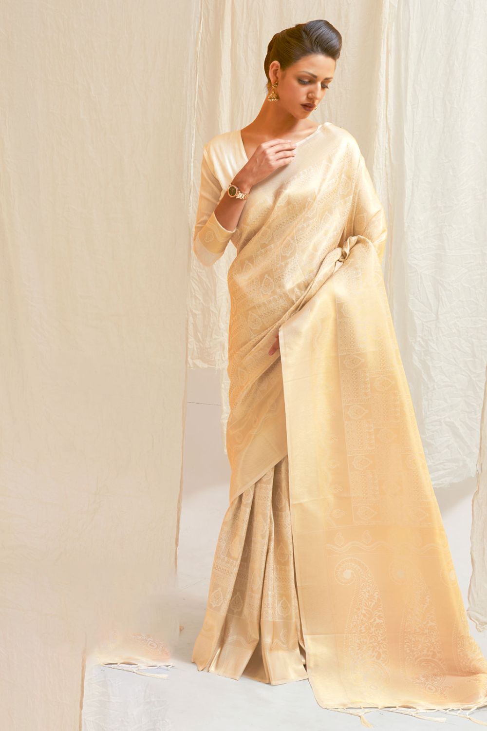 Exclusive Marvelous Ivory Silk Woven Saree for Festival