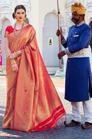 Red Silk Weaving Work Saree