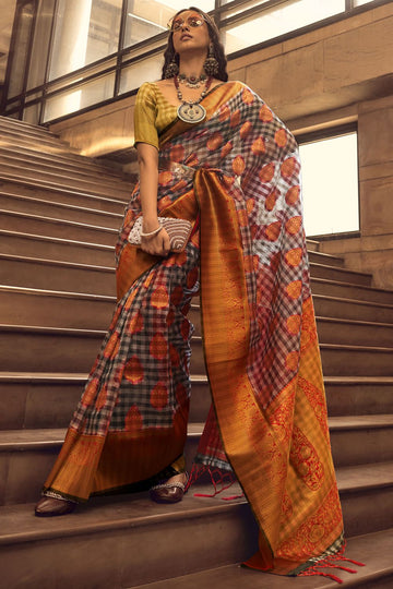 Orange Handloom Woven Silk Party Wear Saree