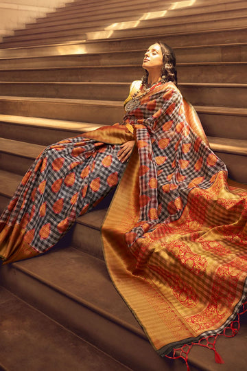 Orange Handloom Woven Silk Party Wear Saree