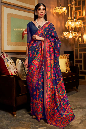 Ink Blue Kashmiri Silk Party Wear Saree