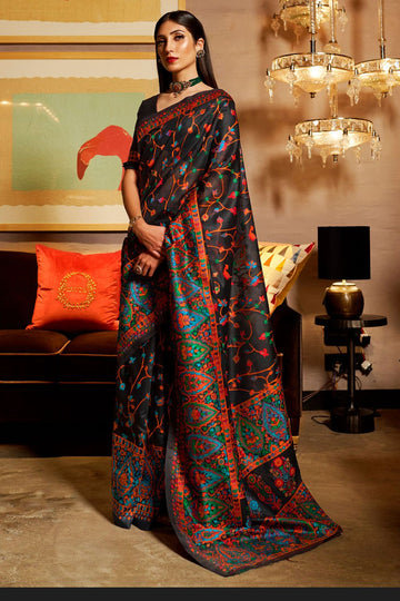 Black Kashmiri Silk Party Wear Saree