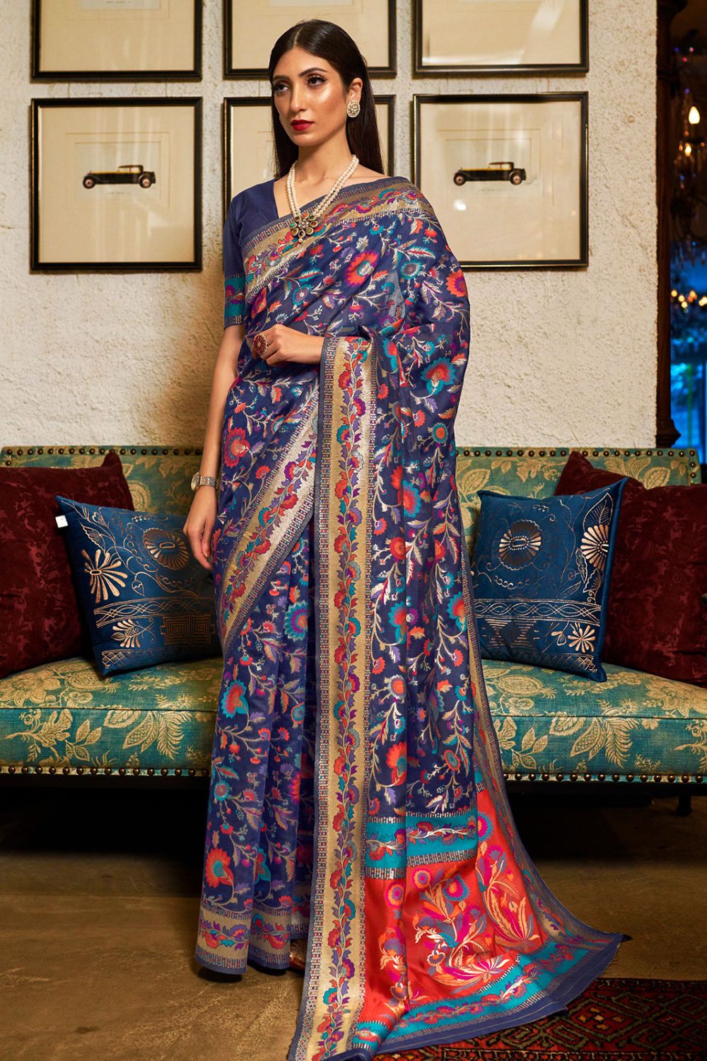 Navy Blue Kashmiri Silk Party Wear Saree