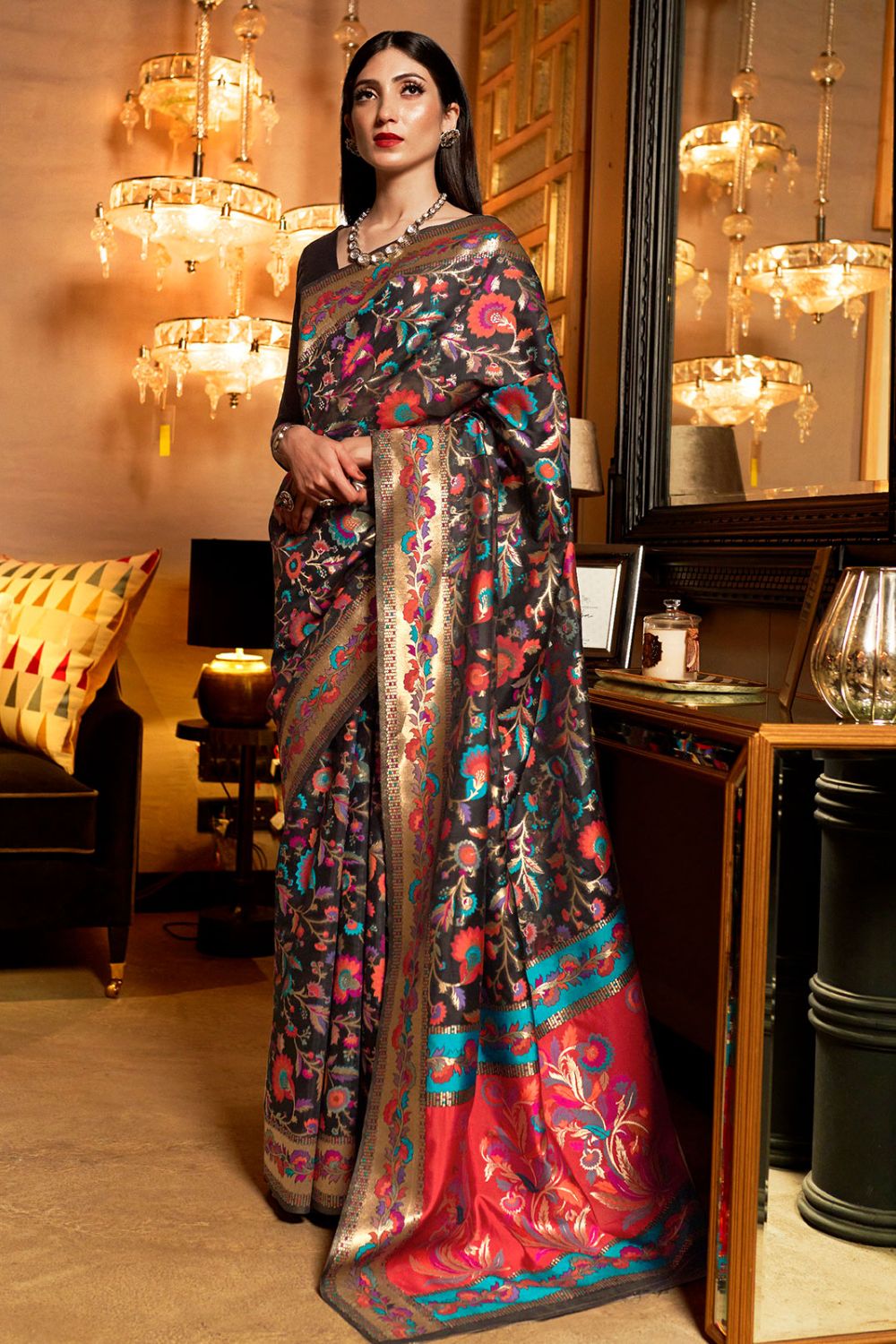 Black Kashmiri Silk Party Wear Saree