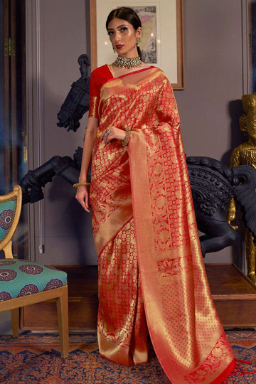 Hot Red Handloom Weaving Silk Saree for Festival