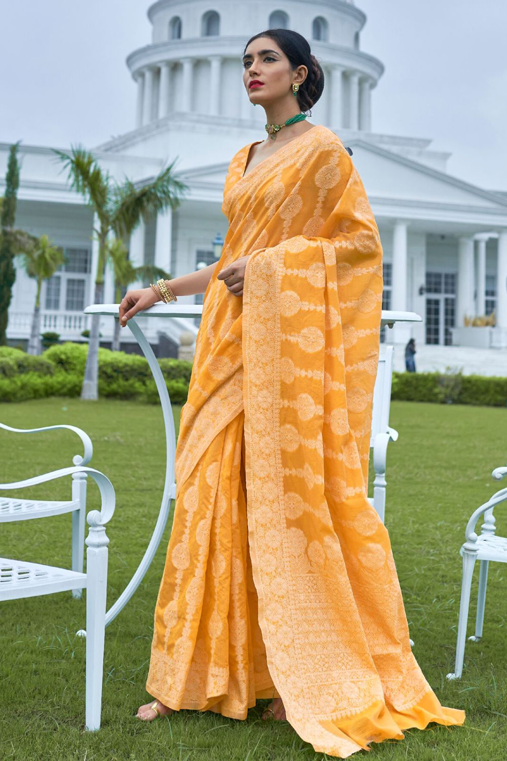 Mustard Yellow Lucknowi Woven Silk Party Wear Saree