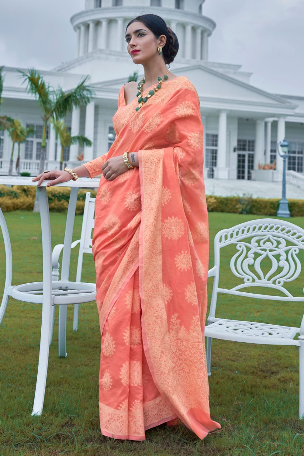 Peach Lucknowi Woven Silk Party Wear Saree