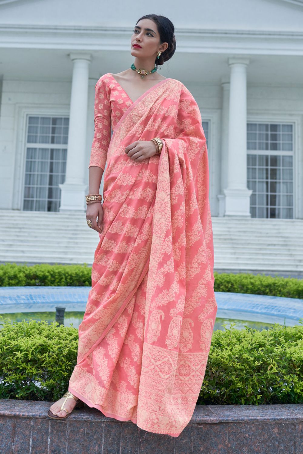 Coral Pink Lucknowi Woven Silk Party Wear Saree