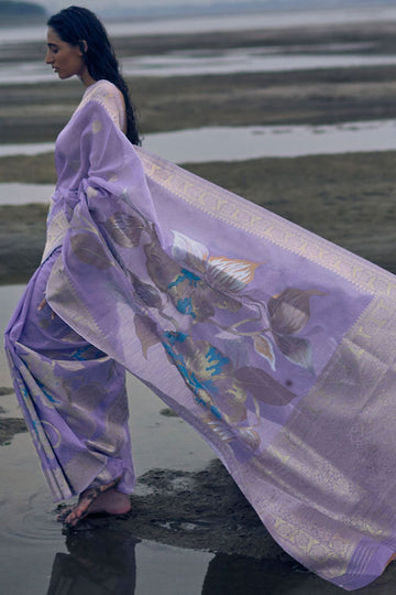 Lavender Linen Silk Saree for Party for Party