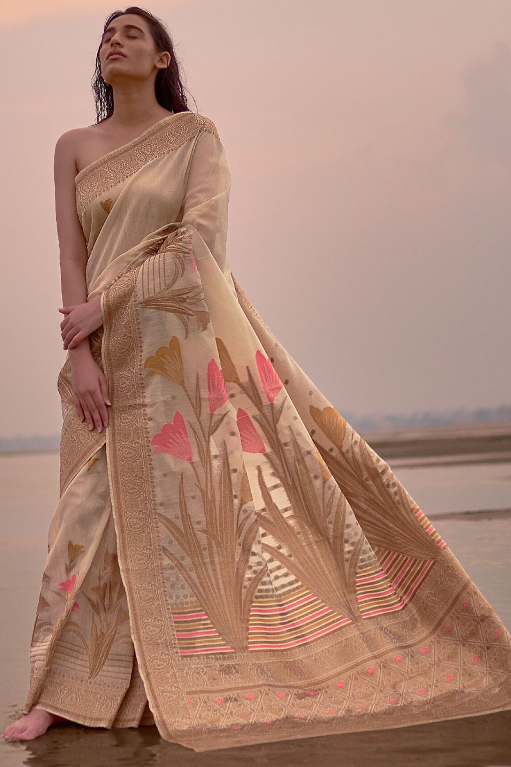 Beige Linen Silk Saree for Party