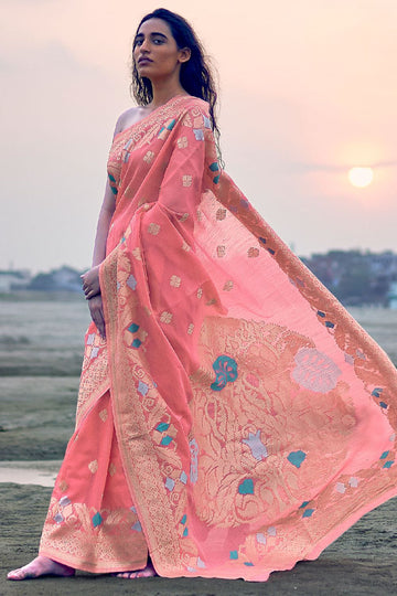 Peach Linen Silk Saree for Party