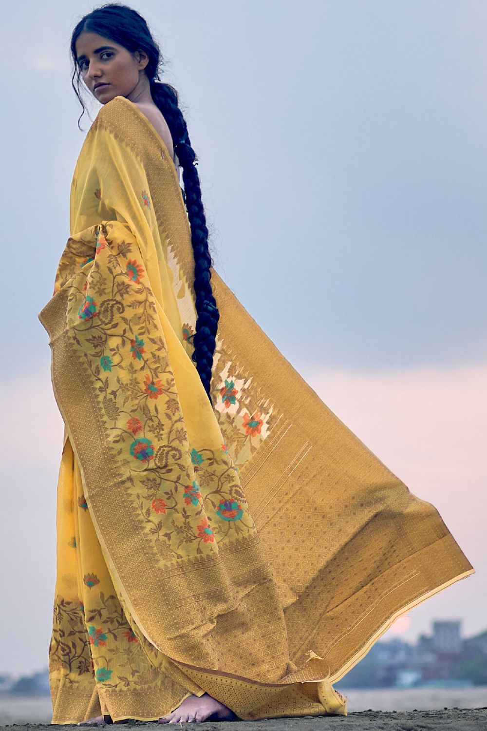 Maize Yellow Linen Silk Saree for Party