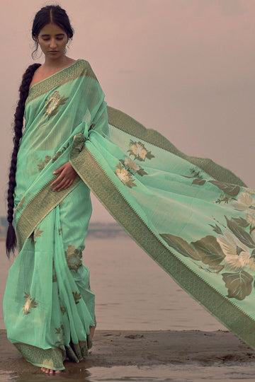 Mint Green Linen Silk Saree for Party