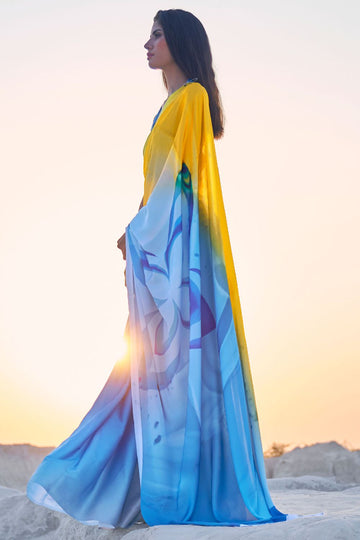 Sky Blue and Sunny Yellow Satin Crepe Saree for Party