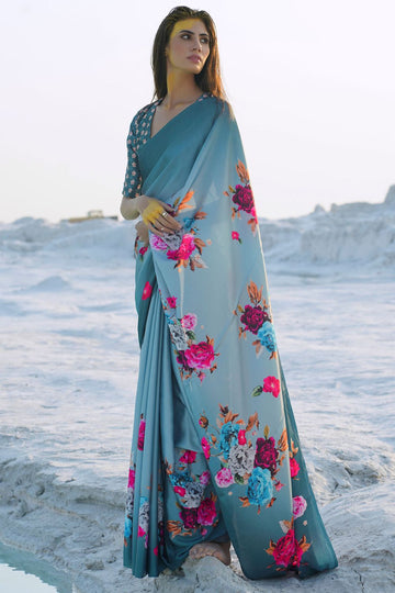 Steel Grey Satin Crepe Saree for Party