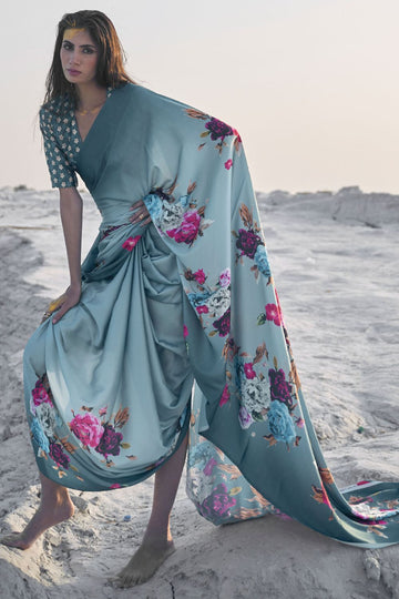 Steel Grey Satin Crepe Saree for Party