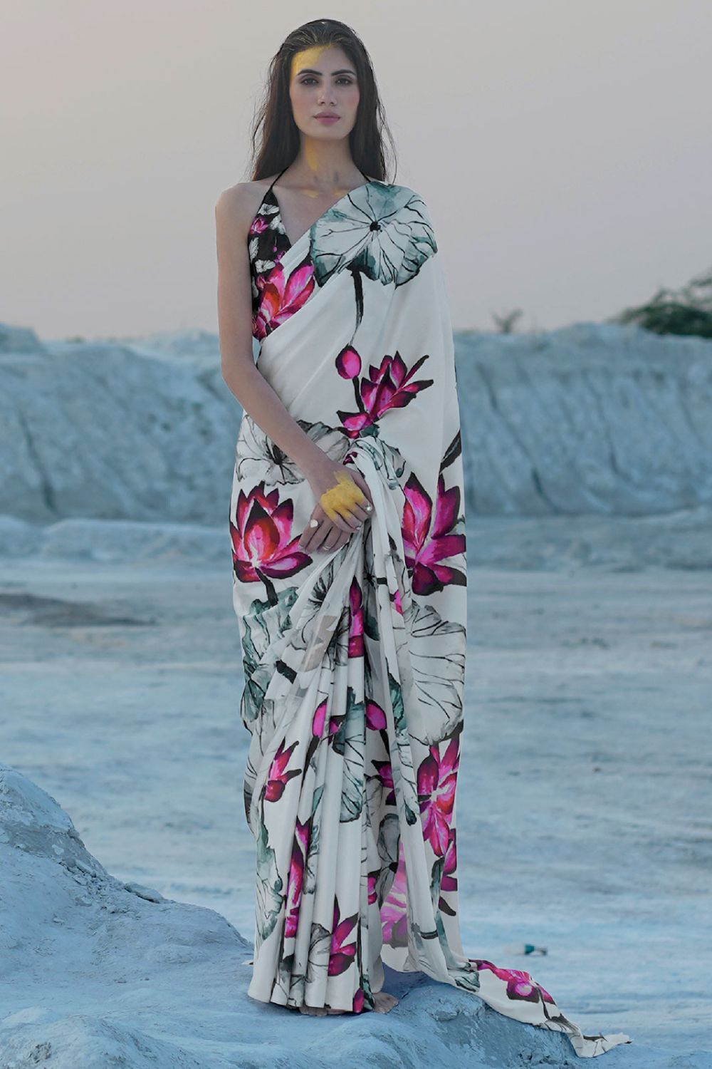 White Satin Crepe Saree for Party