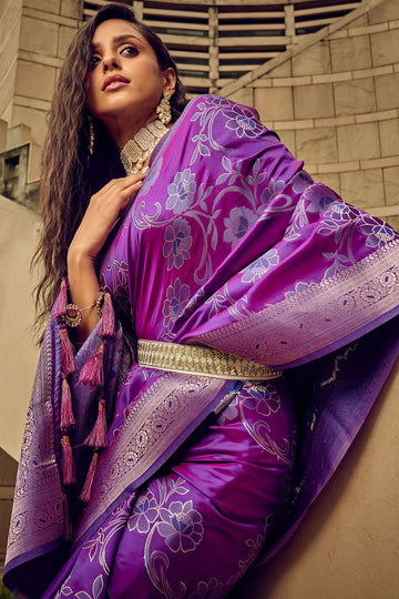 Purple Zari Woven Satin Brasso Party Wear Saree