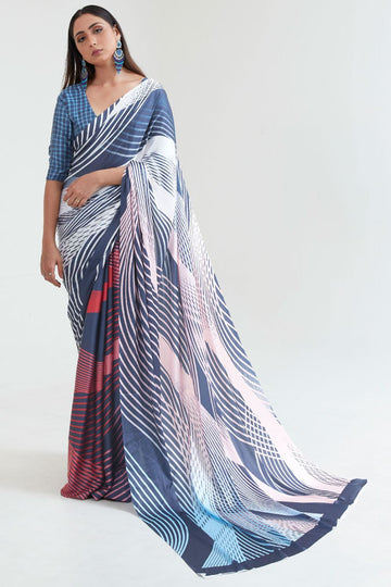 Navy Blue and White Printed Casual Saree