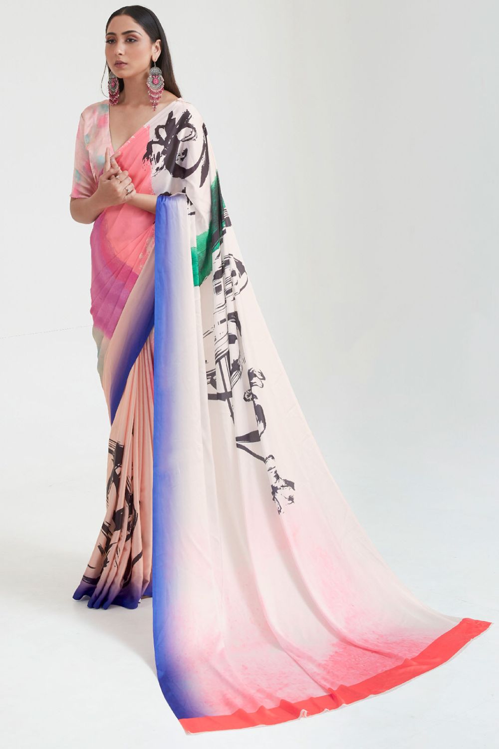 Blush Peach and White Printed Casual Saree