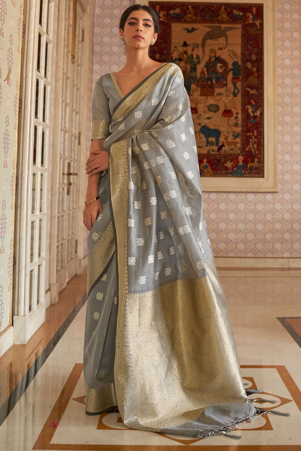 Smoke Grey Weaving Saree for Party