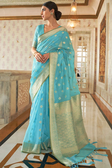 Sky Blue Weaving Saree for Party