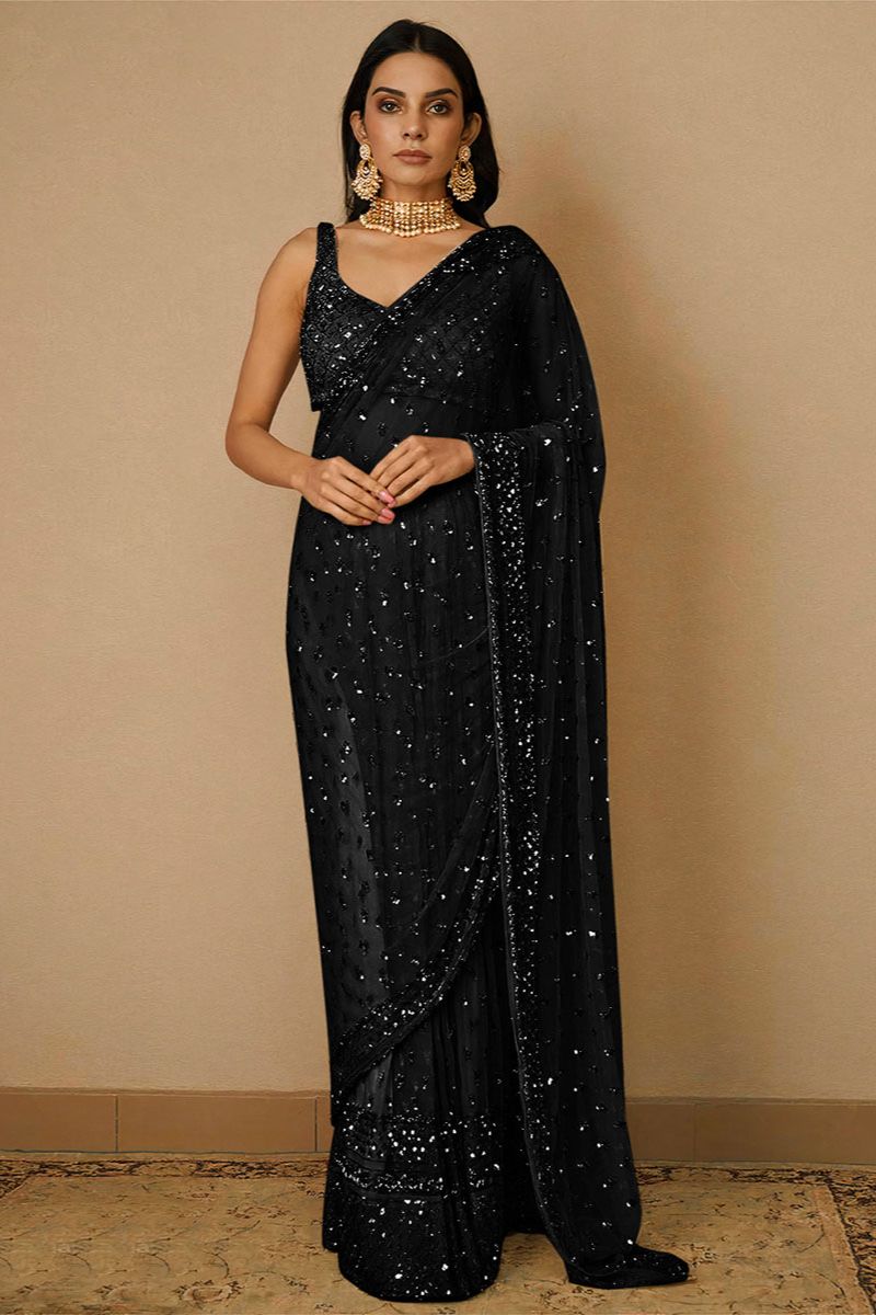 Black Embroidered Net Designer Saree