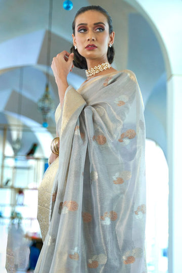 Silver Grey Tissue Zari Organza Party Wear Saree