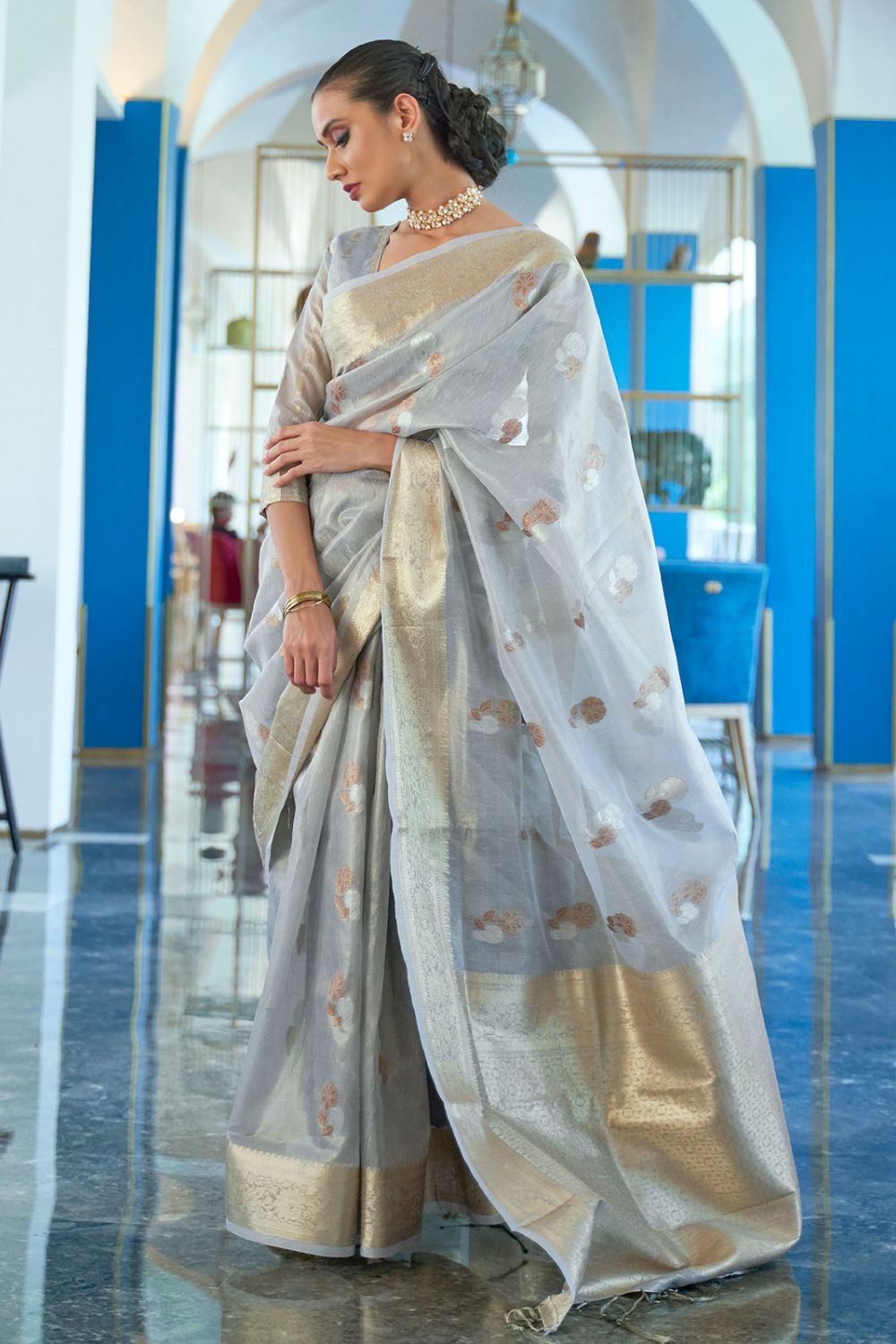 Silver Grey Tissue Zari Organza Party Wear Saree