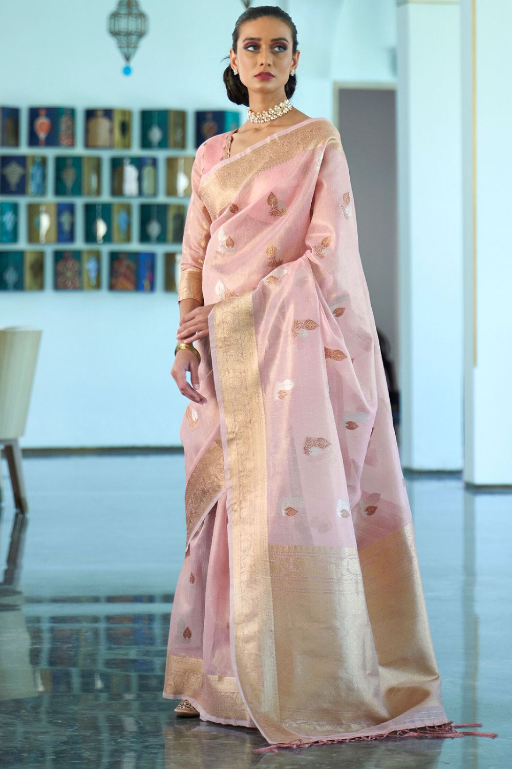 Blush Pink Tissue Zari Organza Party Wear Saree